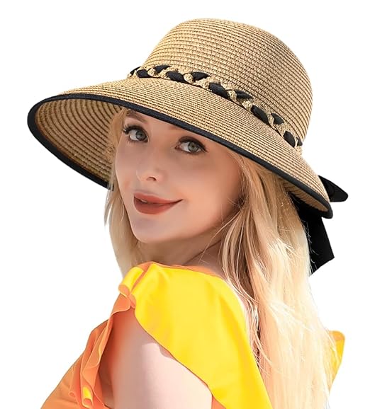 MTRoyaldia Beach Sun Straw Hats for Women, UPF 50+ UV Sun Protection Wide Brim Summer Straw Hat Foldable Packable Roll up Cap Deep Khaki Accessories Hats