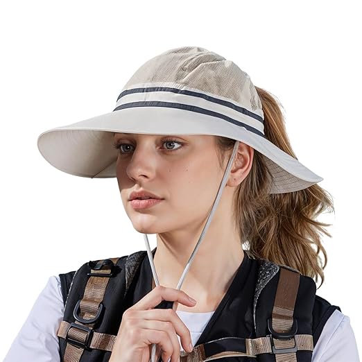 SANNIDHI® Hiking Hat Mesh Sun Hat Wide Brim Beach Hat Lightweight Quick Dry Mesh Sun Hat UPF 50+ Sun Protection Sun Visor Hat Ponytail-Friendly Outdoor Sun Cap for Women Beige