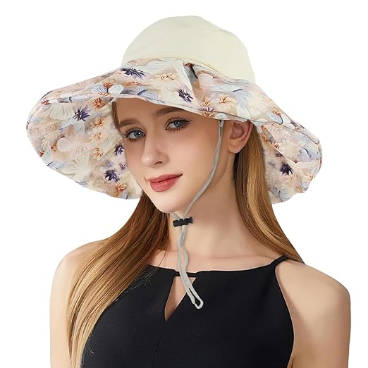 PALAY® Sun Hat for Women Stylish,Beach Hat Hats for Women,Floral Print UV Sun Protection Breathable Fishing (Flexible Wide Brim) Accessories Hats
