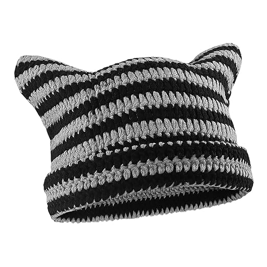 Cat Ear Beanie, Winter Cap Women, Winter Cap For Women – Cute Strippy Knit Hat With Adorable Cat Ears, Soft Slouchy Beanie For Cold Days, Black Gray Mix, Warm Cozy Headwear Gift For Teens & Ladies Accessories Hats