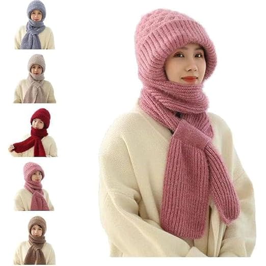 2 in 1 Windproof Scarf With Cap Integrated Ear Guard Hat Plus Velvet, Winter Warm Stole Soft Knitted Beanie Hats Scarf- Fur Cap with Stylish Muffler Woolen Caps for Women & Girls (MULTI- COLOR)