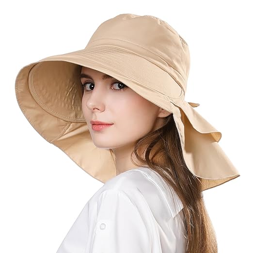 PALAY Polyester Fashion Women Wide Brim Hat-Uv Protection Summer Sun Hat With Ponytail Hole Back Neck Flap Cover,Khaki, Free Size
