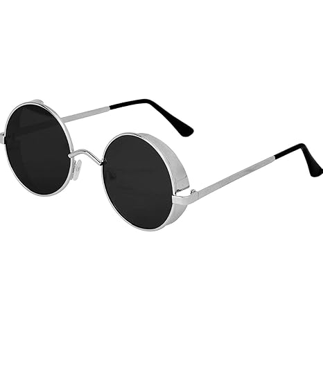 Retro Round Steampunk Punk Sunglasses Men Women Eyewear Gothic Metal Frame UV400(Silver Black)