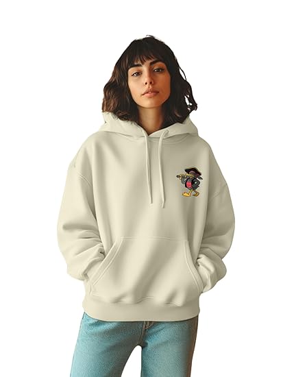 JUNEBERRY® Cotton Poly Fleece Oversized Fit Black, Green, Magenta, Mustard, Orange, Purple, Blue, Off White & Grey Graphic Printed Full Sleeve Hoodie for Women