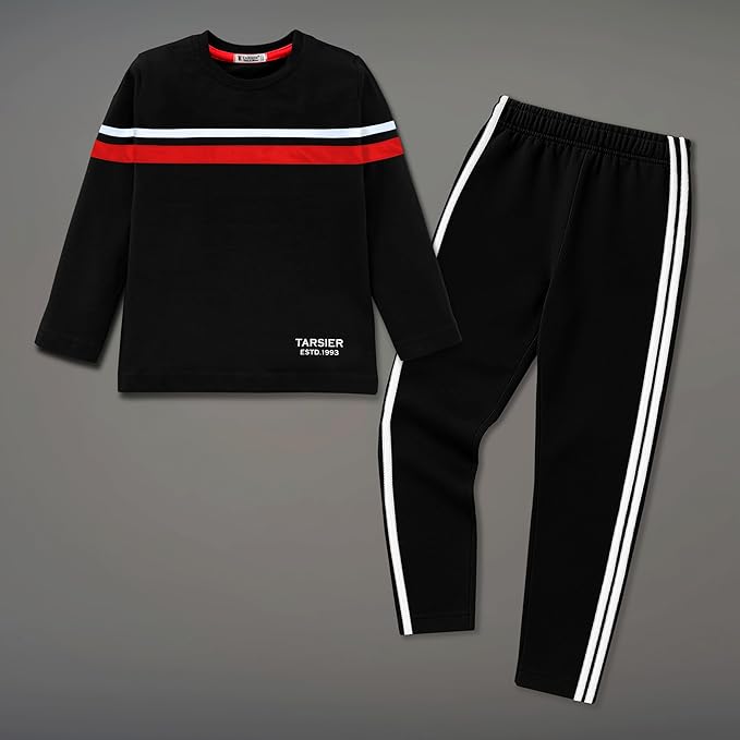 Boys Cotton Blend Full Sleeve T-Shirt & Pant Set – White/black Stripe Design (OLIVE, Age 3–16 Years) Clothing T-Shirts