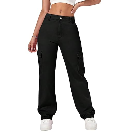 Women’s High-Waisted Cargo Jeans – Stylish 6-Pocket Wide Leg | Casual Trousers for Women & Girls | Comfortable Straight Fit-(Pack of 1)