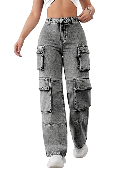 Collection Women Cargo Jeans | High Rise Stretchable Baggy Wide LegDenim| Boyfriend Jeans for Women(WJ-1219)