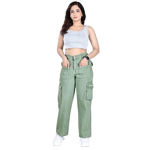 Aurose Women’s High-Waist Green Cargo Jeans with Multi-Pocket Utility Design – Relaxed Straight-Leg Streetwear Denim Clothing Jeans