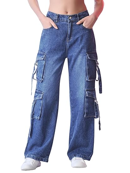 Glossia Fashion Denim Blue Women Cargo Jeans | High Waist Stretchable Wide Leg Loose Fit Denim| Boyfriend Cargo Jeans for Women(WJ-1223)