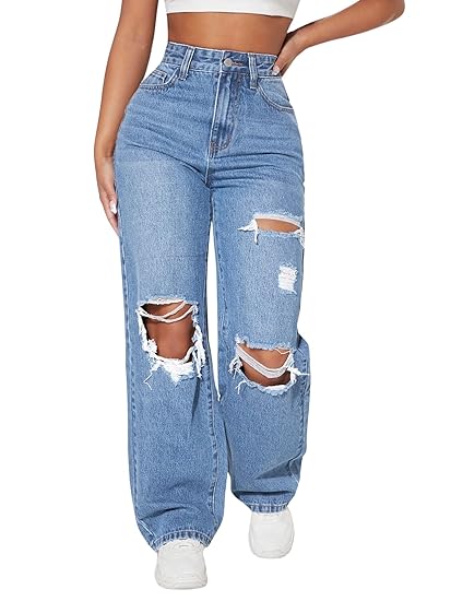 Solid High Waist Ripped Straight Leg Pant & Trouser for Women's & Girl's Clothing Jeans