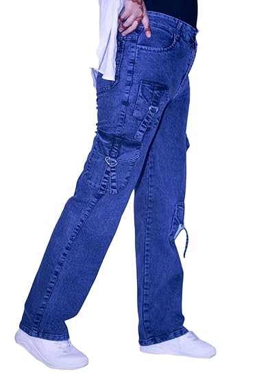 Brand: Lucy The Denim House High Waist Cargo Jeans, Blue Denim, Straight Leg Style with Multiple Utility Pockets, Streetwear Design
