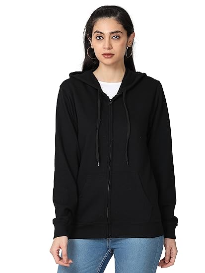 Wafaa Women's Cotton Plain Hooded Neck Full Zipper Sweatshirt Hoodies with Kangaroo Pocket Clothing Hoodies