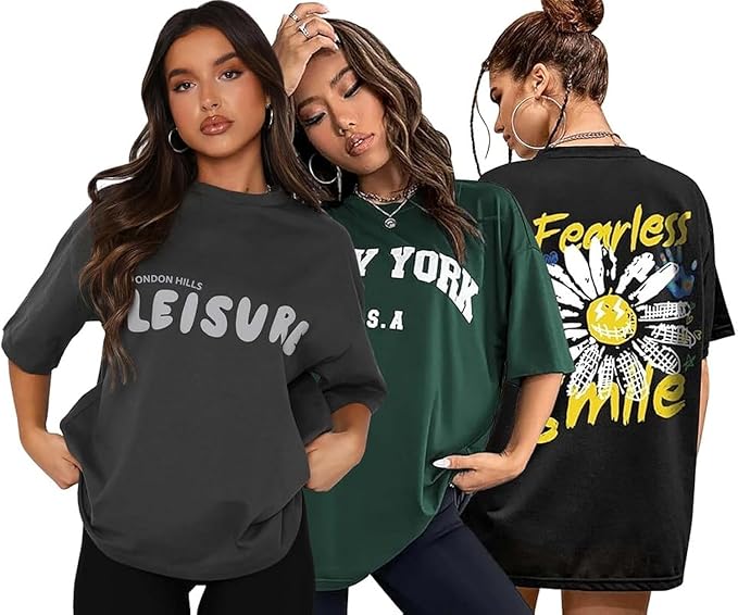 London Hills Women's Cotton Oversized Fit Printed Round Neck Oversized T-Shirt | Loose Fit Drop Shoulder T-Shirt Pack of 3 Clothing T-Shirts