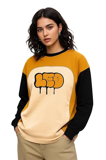 LEOTUDE Full Sleeve Cottonblend Oversized Tshirt for Women, Round Neck Longline Printed Drop Shoulder Colourblocked Baggie Tops for Women (Color: Mustard)