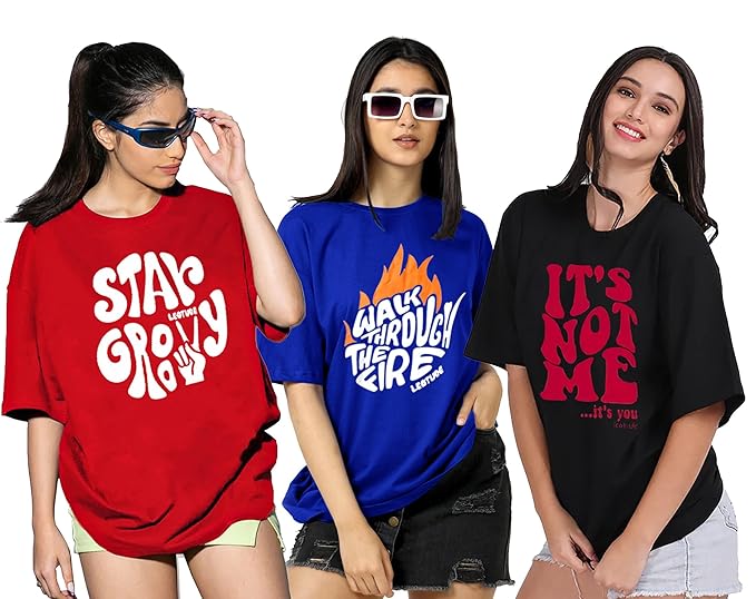 LEOTUDE Women's Cotton Regular Fit Half Sleeve Oversized Tshirt, Round Neck Longline Drop Shoulder | ful Printed Combo T-Shirt (Pack Of 3)