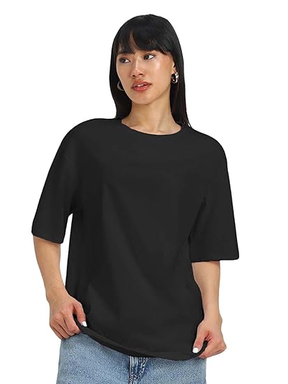 JUNEBERRY® Pure Cotton Oversized Baggy Fit Half Sleeve Drop Shoulder Plain Solid Round Neck T-Shirt for Women (Available in Black, White, Lilac, Cork, Maroon, Royal Blue, Swan White, Soap Nut Colors) Clothing T-Shirts