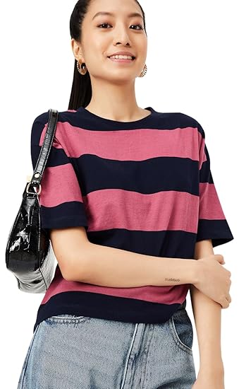 Max Women's Cotton Regular Fit Striped Drop Shoulder T-Shirt Clothing T-Shirts
