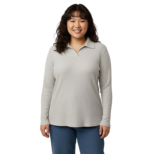 Women's Plus Size 100% Cotton Regular Fit Waffle Collar Polo Neck Full Sleeve T-Shirt | Stylish Long Sleeves Tops for Women & Girls (2XL,3XL,4XL,5XL) Clothing T-Shirts