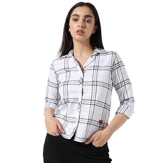Campus Sutra Women's Tartan Plaid Button Up Regular Casual Wear | Spread Collar Long Sleeves Shirt Fit Cotton Crafted with for Sleeve & Comfort Everyday