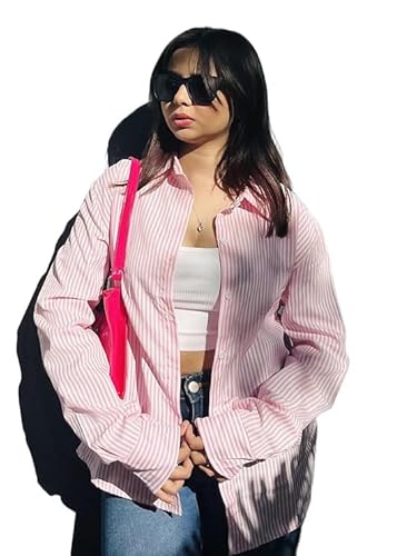 Women's Pink Striped Cotton Shirt, Regular Fit, Office Formal Casual Wear