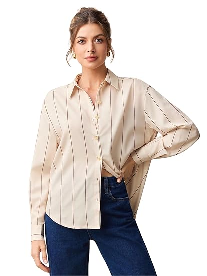 Aahwan Solid Button Up Drop Shoulder Striped Print Casual Formal Long Sleeve Shirt for Women's & Girl's