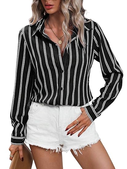 Aahwan Women Polyester Regular Fit Solid Button Up Drop Shoulder Striped Print Casual Formal Long Sleeve Shirt Clothing Shirts