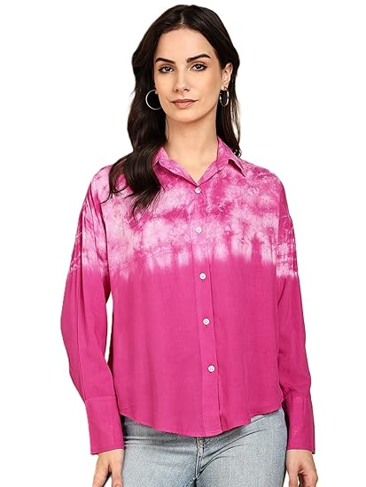 Maaesa Women Rayon Staple Tie & Dye Spread Collar Full Sleeves Loose Fit Casual Shirt | Lightweight & Breathable Clothing Shirts