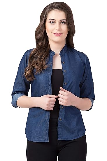 FUNDAY FASHION Women's Denim Blend Casual Mandarin Collar Regular Fit Shirt Clothing Shirts