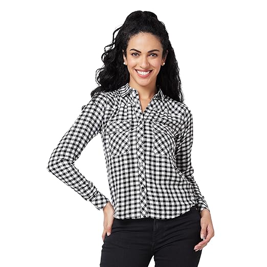 Spykar Black/White Checks Shirt for Women Clothing Shirts