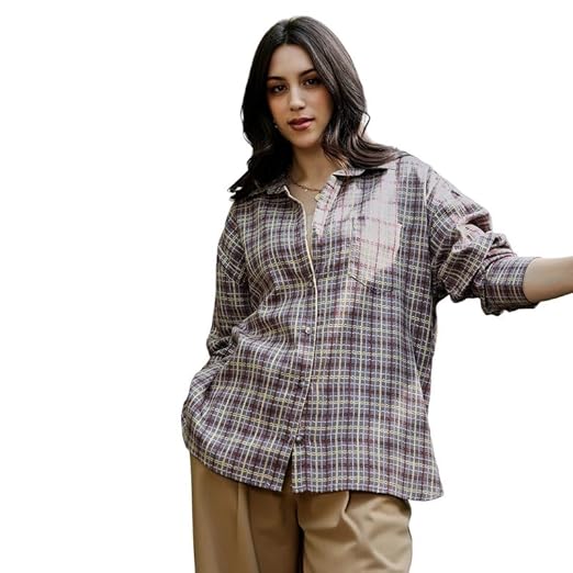PINACOLADA Women's Woven Contrast-Check Oversized Shirt | Spread Collar, Long Button-Cuff Sleeves, Button Closure | Checks Jacquard Woven Shirt for Casual Coin Grey:Crimson Red
