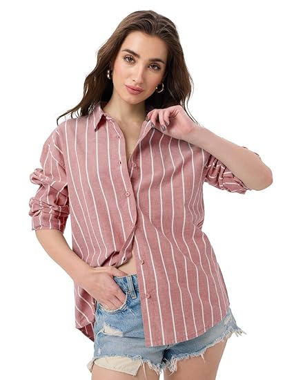 The Souled Store Striped Cotton Linen Shirt: Women and Girls Long Sleeves Collared Neck Button Front Cotton Linen Boyfriend Shirts